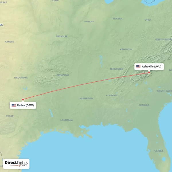 Dallas - Asheville direct flight map