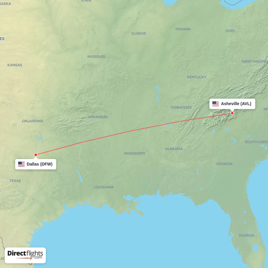 DFW - AVL route map