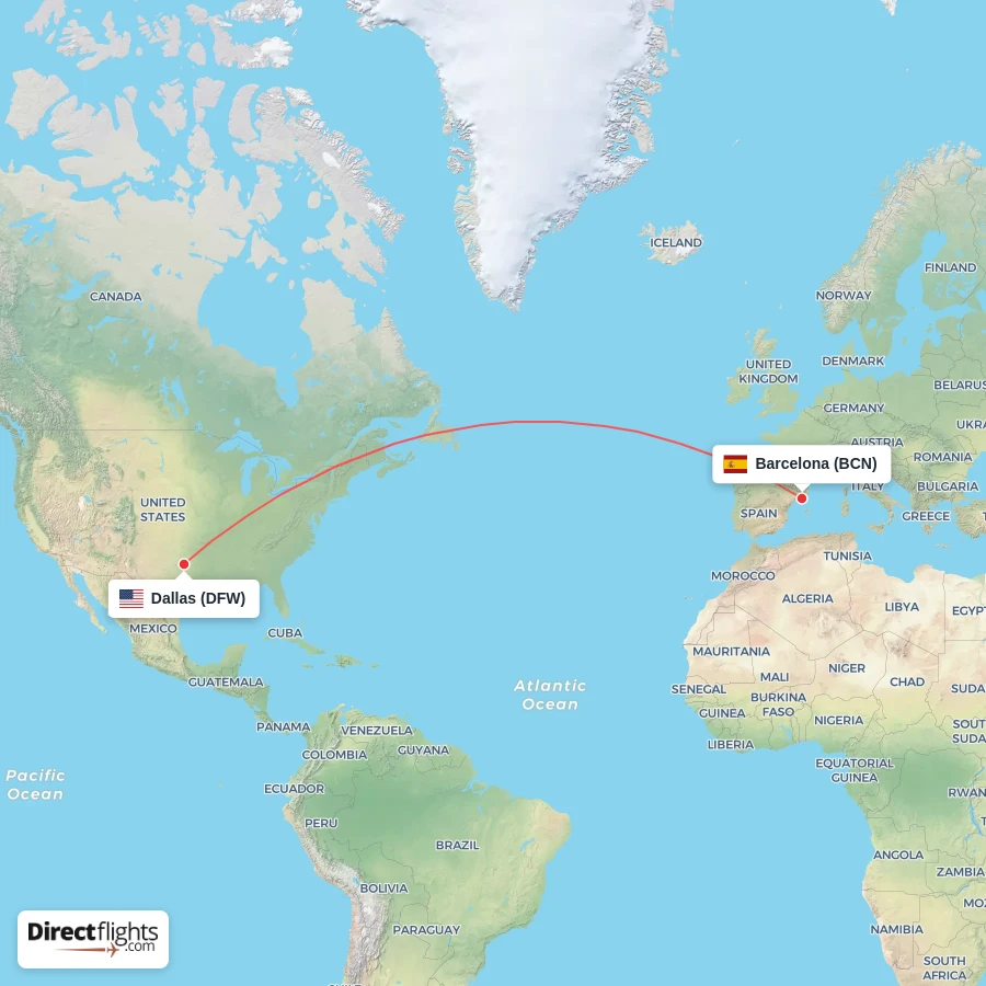 DFW - BCN route map