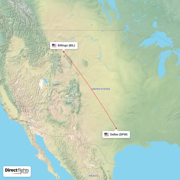 Dallas - Billings direct flight map