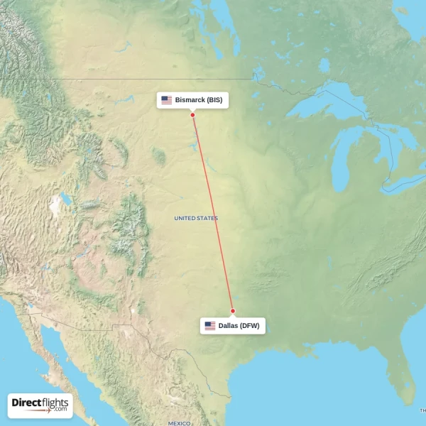 Dallas - Bismarck direct flight map