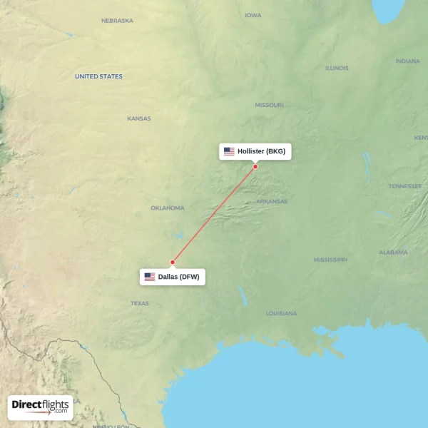 Dallas - Hollister direct flight map