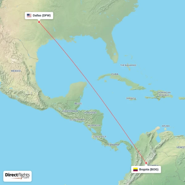 Dallas - Bogota direct flight map