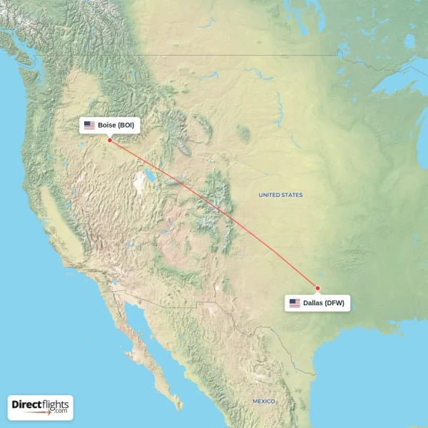 Dallas - Boise direct flight map