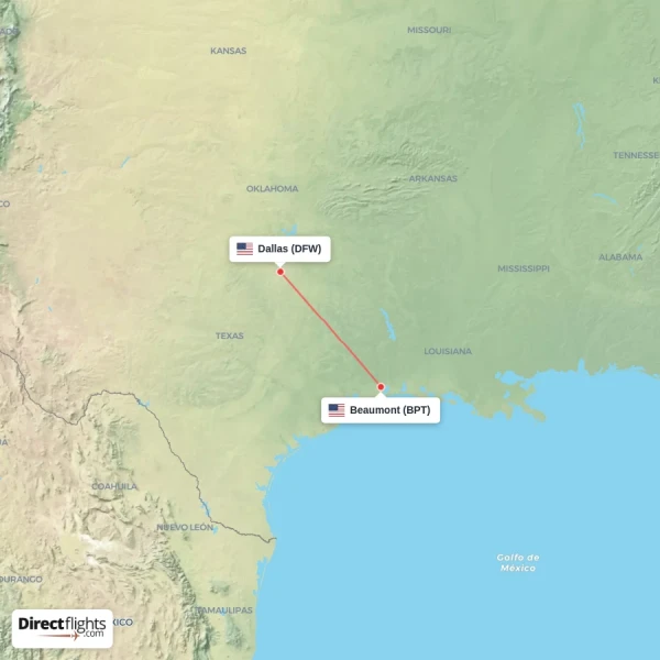 Dallas - Beaumont direct flight map