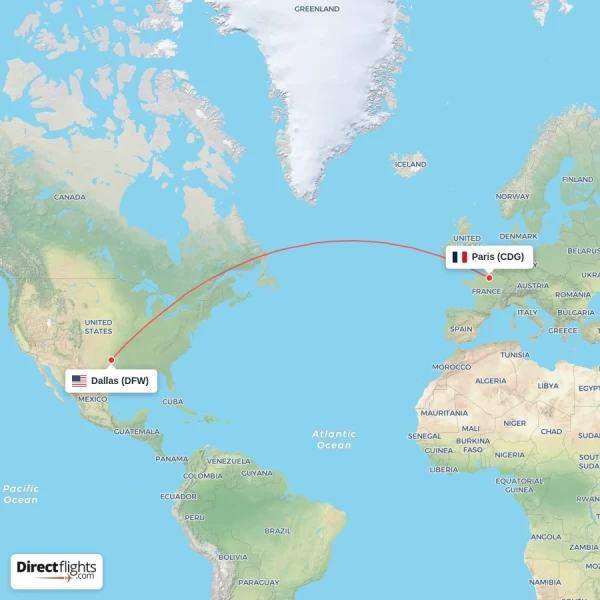 Dallas - Paris direct flight map