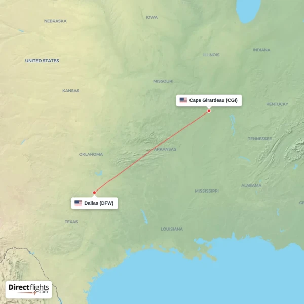 Dallas - Cape Girardeau direct flight map
