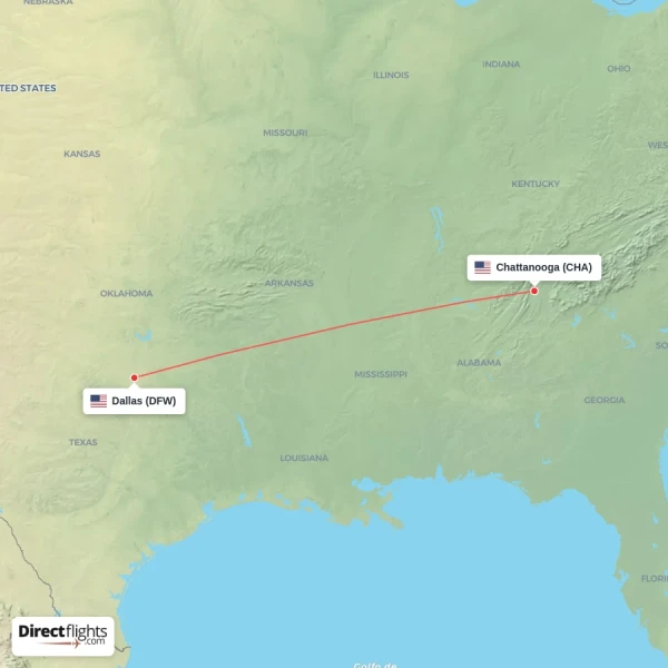 Dallas - Chattanooga direct flight map