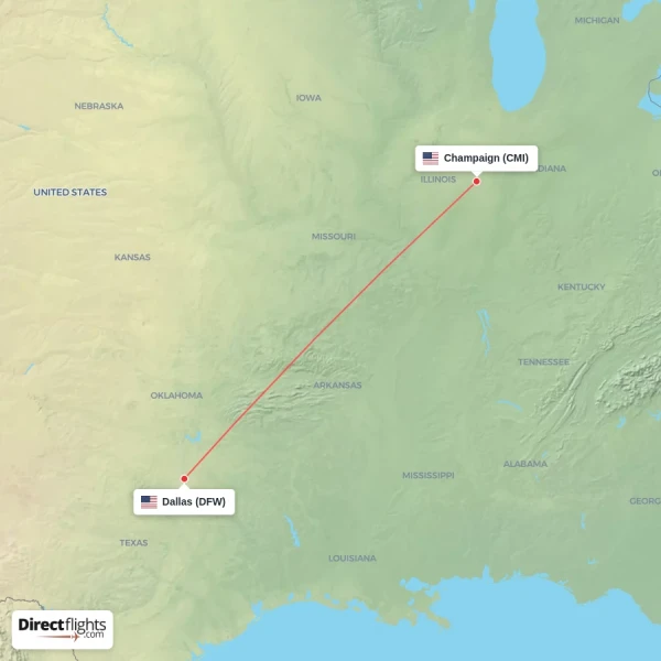 Dallas - Champaign direct flight map