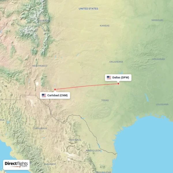 Dallas - Carlsbad direct flight map