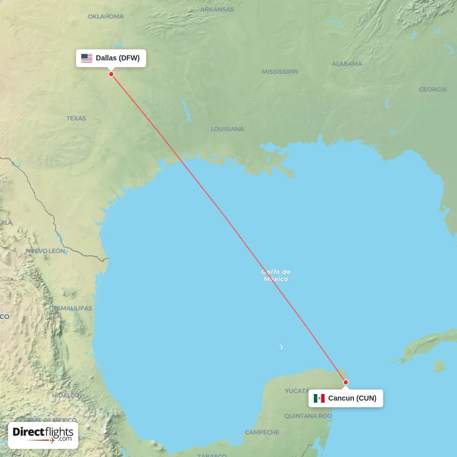 DFW - CUN route map