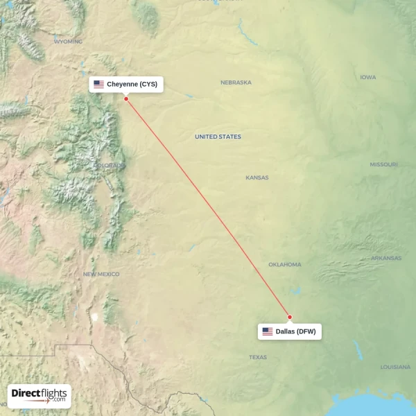 Dallas - Cheyenne direct flight map