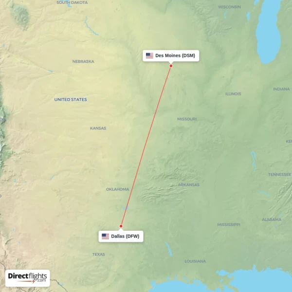 Dallas - Des Moines direct flight map