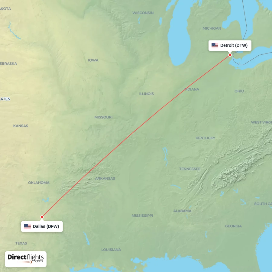 DFW - DTW route map