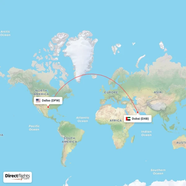 Dallas - Dubai direct flight map
