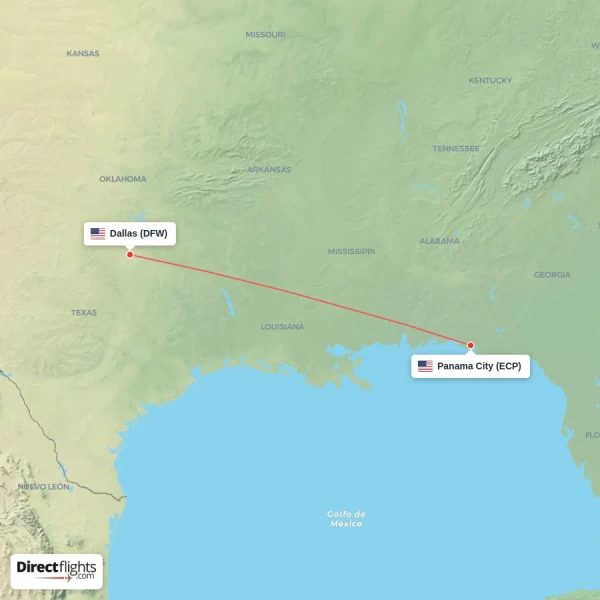 Dallas - Panama City direct flight map