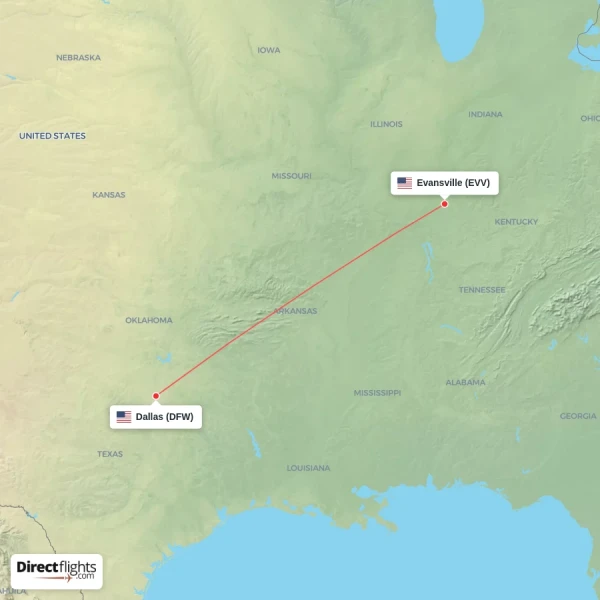 Dallas - Evansville direct flight map