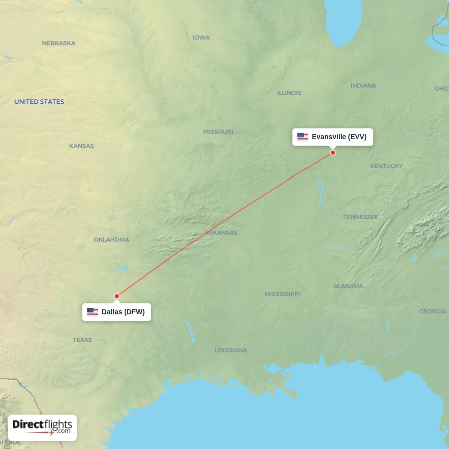DFW - EVV route map