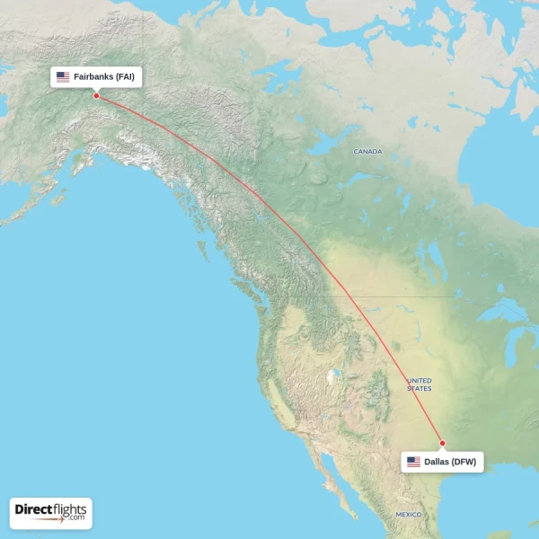 Dallas - Fairbanks direct flight map