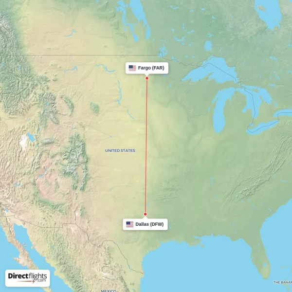 Dallas - Fargo direct flight map