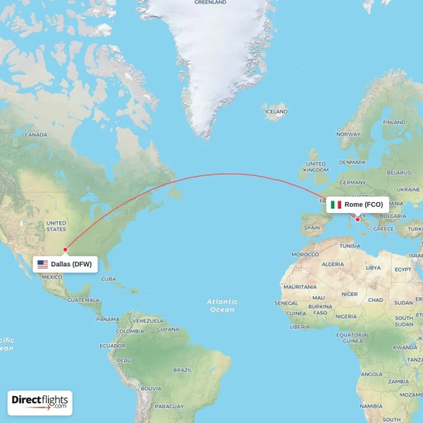 Dallas - Rome direct flight map