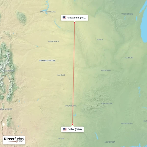 Dallas - Sioux Falls direct flight map