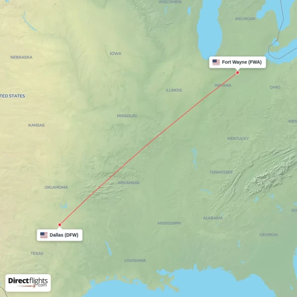 Dallas - Fort Wayne direct flight map