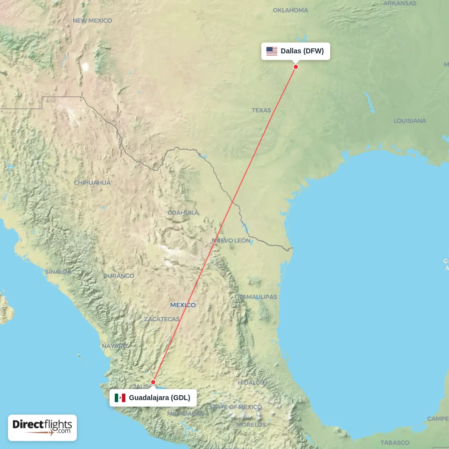 DFW - GDL route map