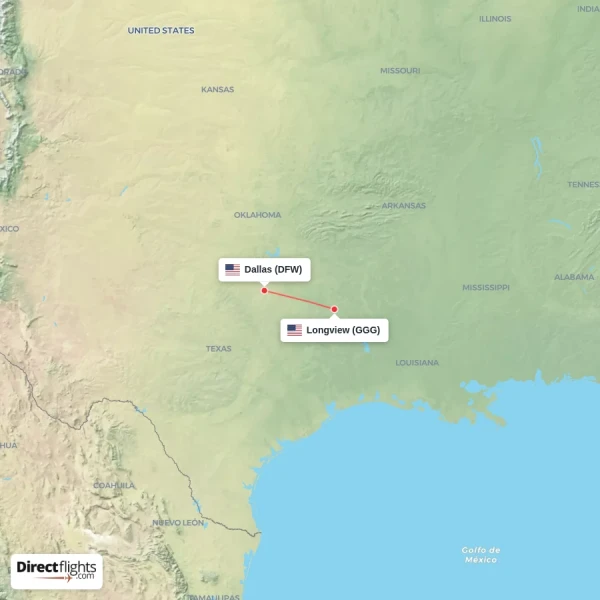 Dallas - Longview direct flight map