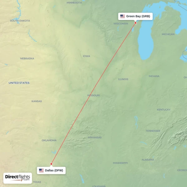 Dallas - Green Bay direct flight map
