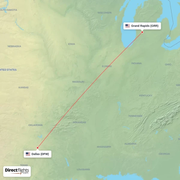 Dallas - Grand Rapids direct flight map