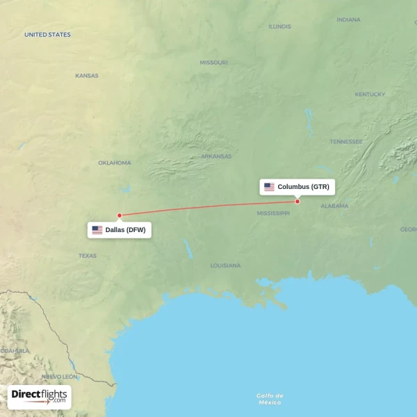 Dallas - Columbus direct flight map