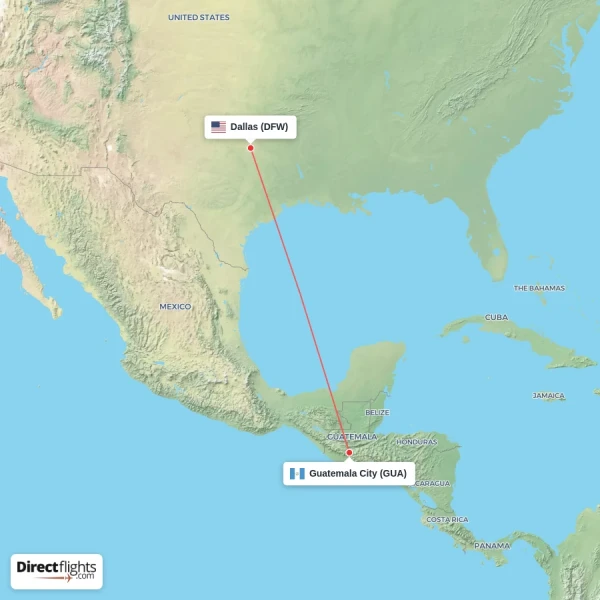 Dallas - Guatemala City direct flight map