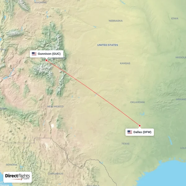 Dallas - Gunnison direct flight map