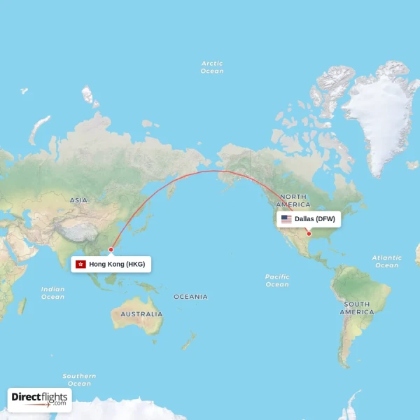 Dallas - Hong Kong direct flight map