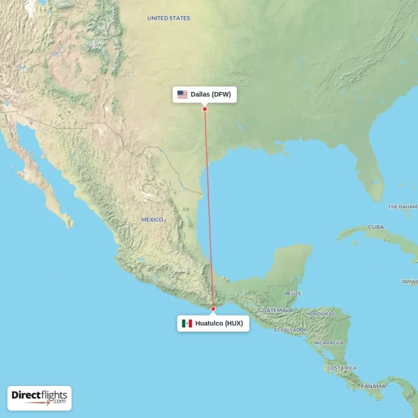 Dallas - Huatulco direct flight map