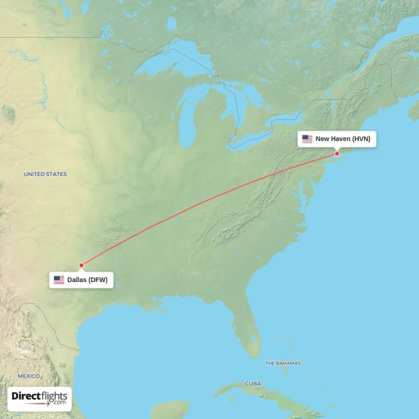 Dallas - New Haven direct flight map