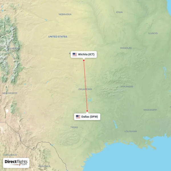 Dallas - Wichita direct flight map