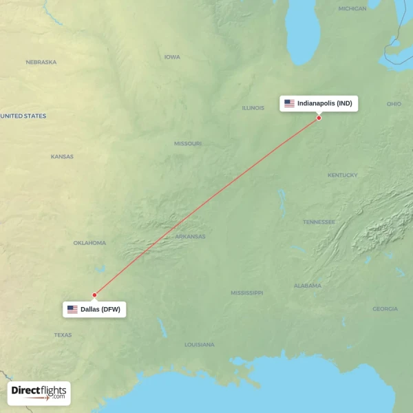 Dallas - Indianapolis direct flight map