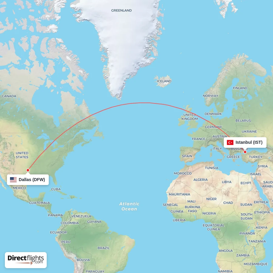 DFW - IST route map