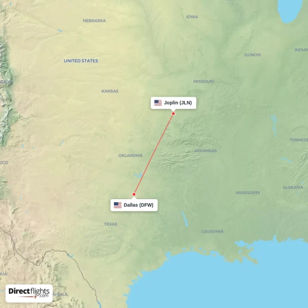 Dallas - Joplin direct flight map