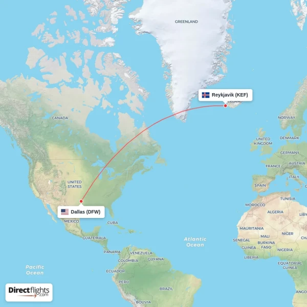 Dallas - Reykjavik direct flight map