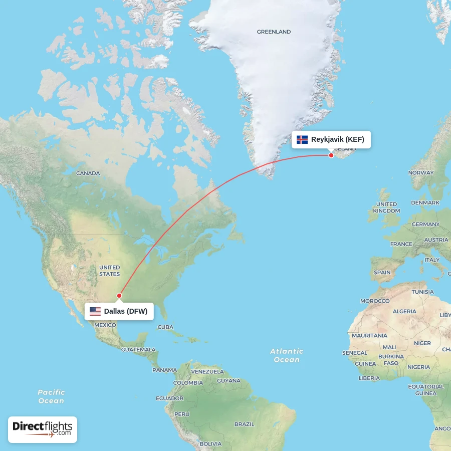 DFW - KEF route map