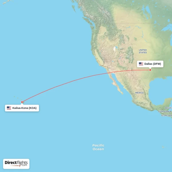 Dallas - Kailua-Kona direct flight map