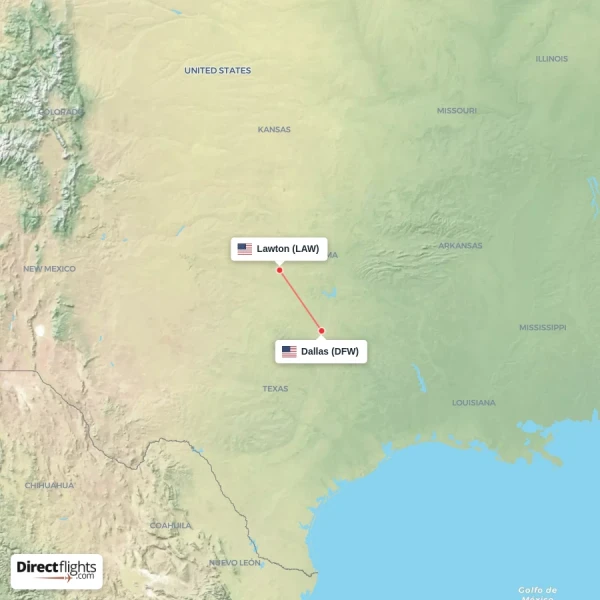 Dallas - Lawton direct flight map