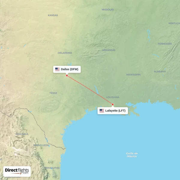 Dallas - Lafayette direct flight map
