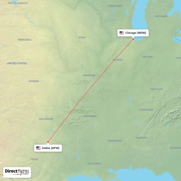 Dallas - Chicago direct flight map