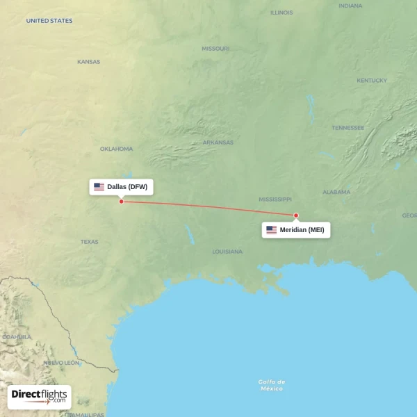 Dallas - Meridian direct flight map