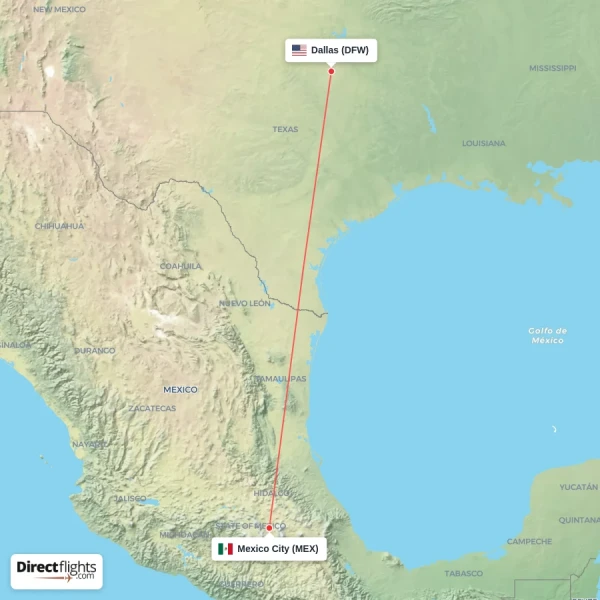 Dallas - Mexico City direct flight map