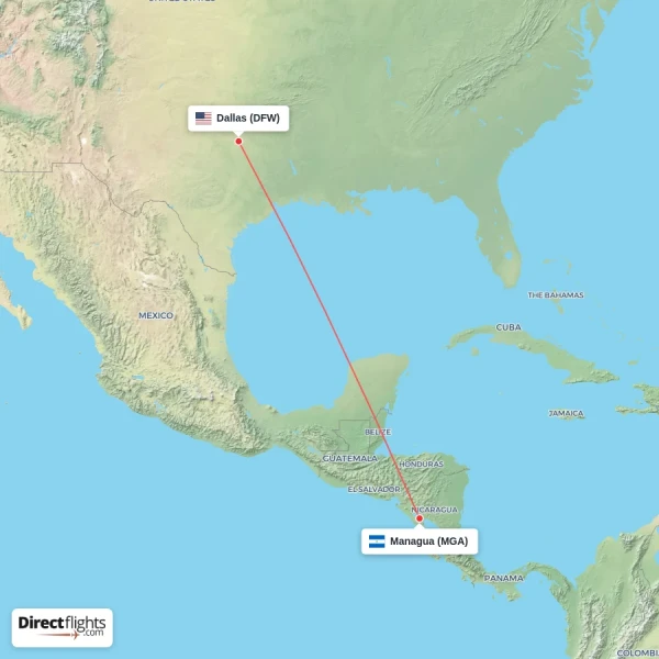 Dallas - Managua direct flight map